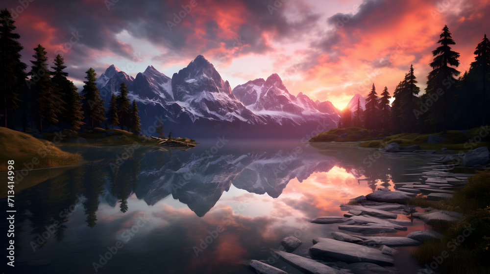 Mountains mirrored in a calm lake or river at sunrise,,
An awe-inspiring wall art mural depicting a vast and breathtaking mountain landscape, capturing the majestic beauty of nature generative ai Pro 