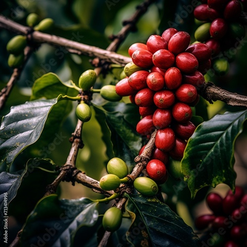 Obraz na płótnie Coffee beans on a tree from ethiopia beautiful image Ai generated art w salonie