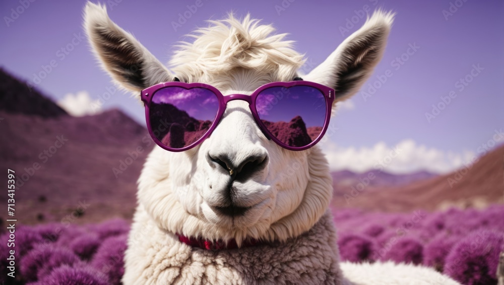 Llama in the lavender field. Alpaca wearing sunglasses