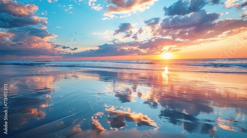 Epic beach background with sky reflections, romantic relaxing beauty nature