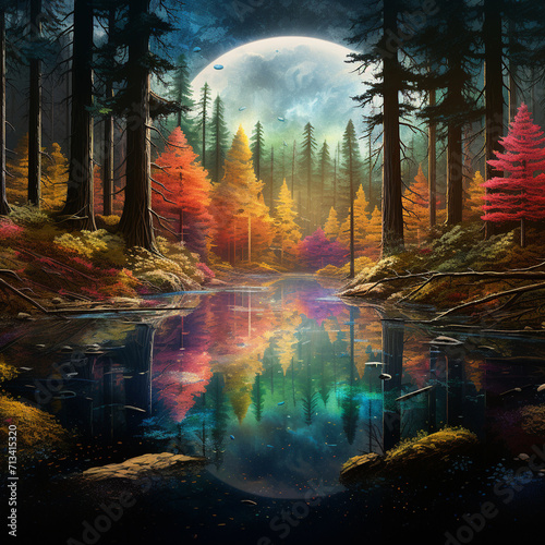 Rainbow lake in a forest