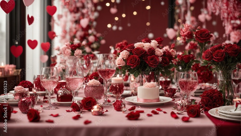 A valentine's Day celebration with a unique and visually stunning display of decorations, ranging from romantic florals to modern and abstract designs