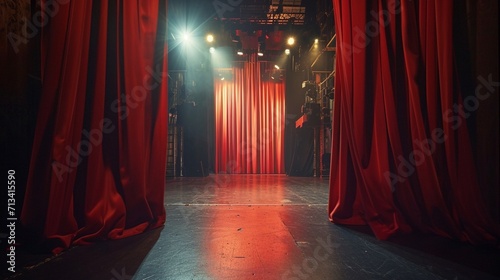 Behind the scenes of a theatre scene with curtains and lights preparing for a show