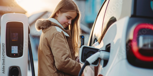 Eco-Friendly Generation: Young Girl Charging an Electric Car photo