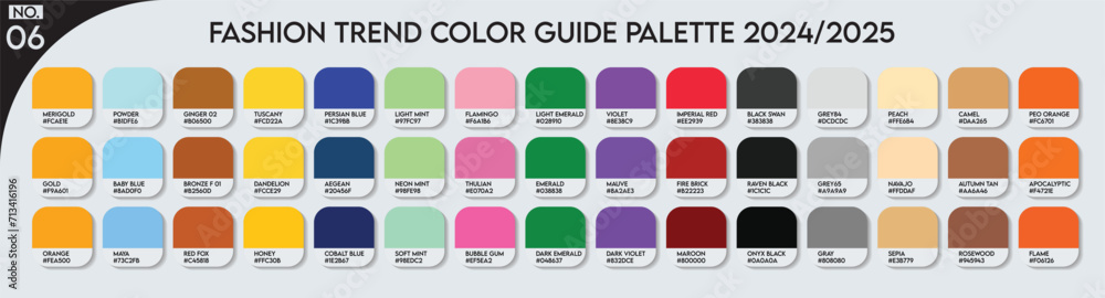 Fashion Trend Color guide palette 2024-25 no.06. An example of a color palette vector. Forecast of the future color. color palette for fashion designers, business, garments, and paints colors company Fashion Trend Color guide palette 2024-25 no.06. An example of a color palette vector. Forecast of the future color. color palette for fashion designers, business, garments, and paints colors company