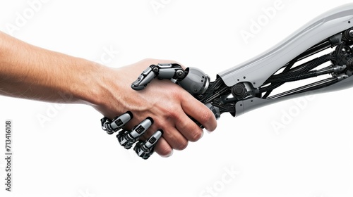 Handshake between human and AI robot. Photographic illustration of a man's hand and an Artificial Intelligence hand on a white background, interaction between machine and people, friendship