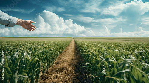 Hand pointing to a path in the middle of fields photo