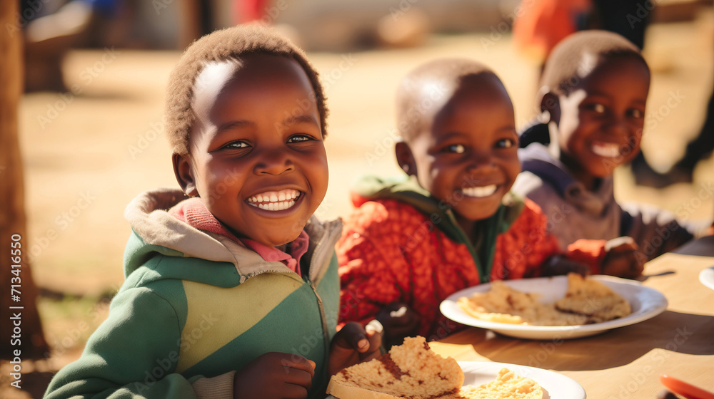 African children smiling in a community dining hall outdoors