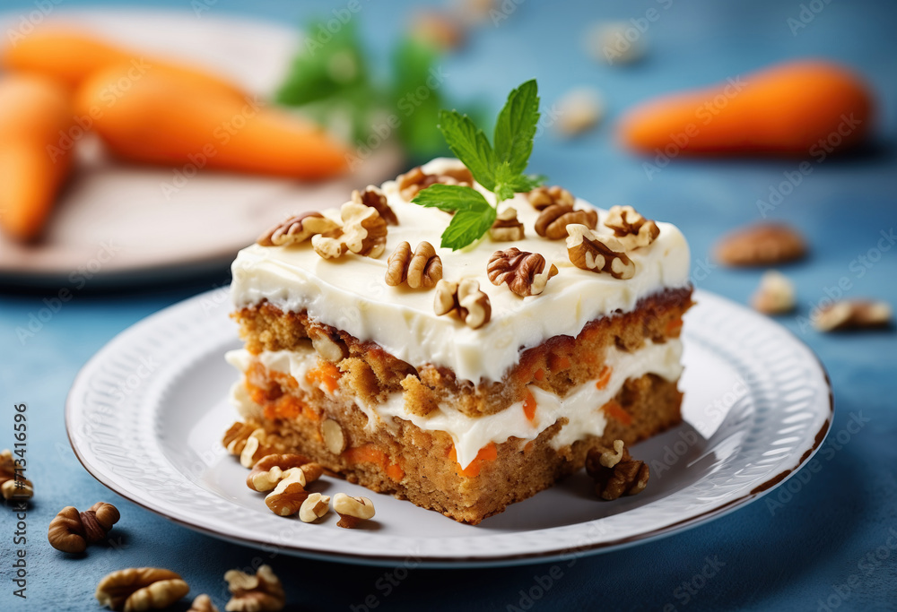 Delicious carrot cake served on a white dish