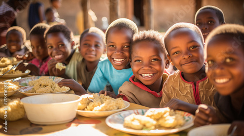 Poor african school children eating together photo