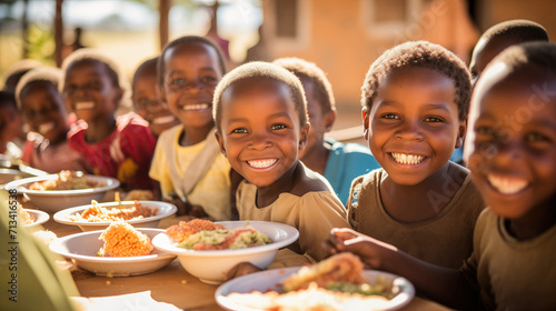 African kids smiling in a community dining hall