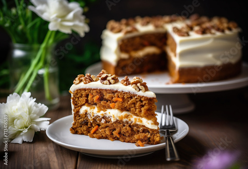 Delicious piece of carrot cake served on a white dish