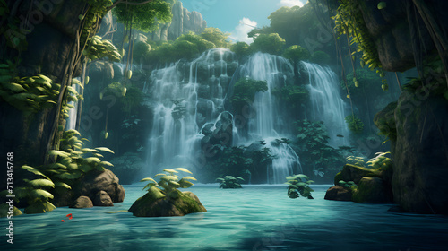 A waterfall in a lush oasis Free Photo,, Serene Jungle Waterfall with Cascading Waters and Lush Greenery