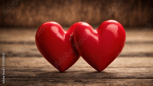 Perfectly symmetrical  two bright red hearts raised on a rustic wooden table. A passionate love story is placed against the soothing  romantic atmosphere.