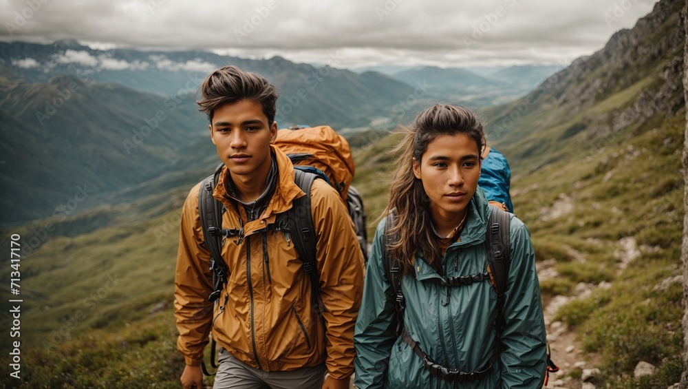 Young tourist couple travellers with backpacks hiking on the mountains