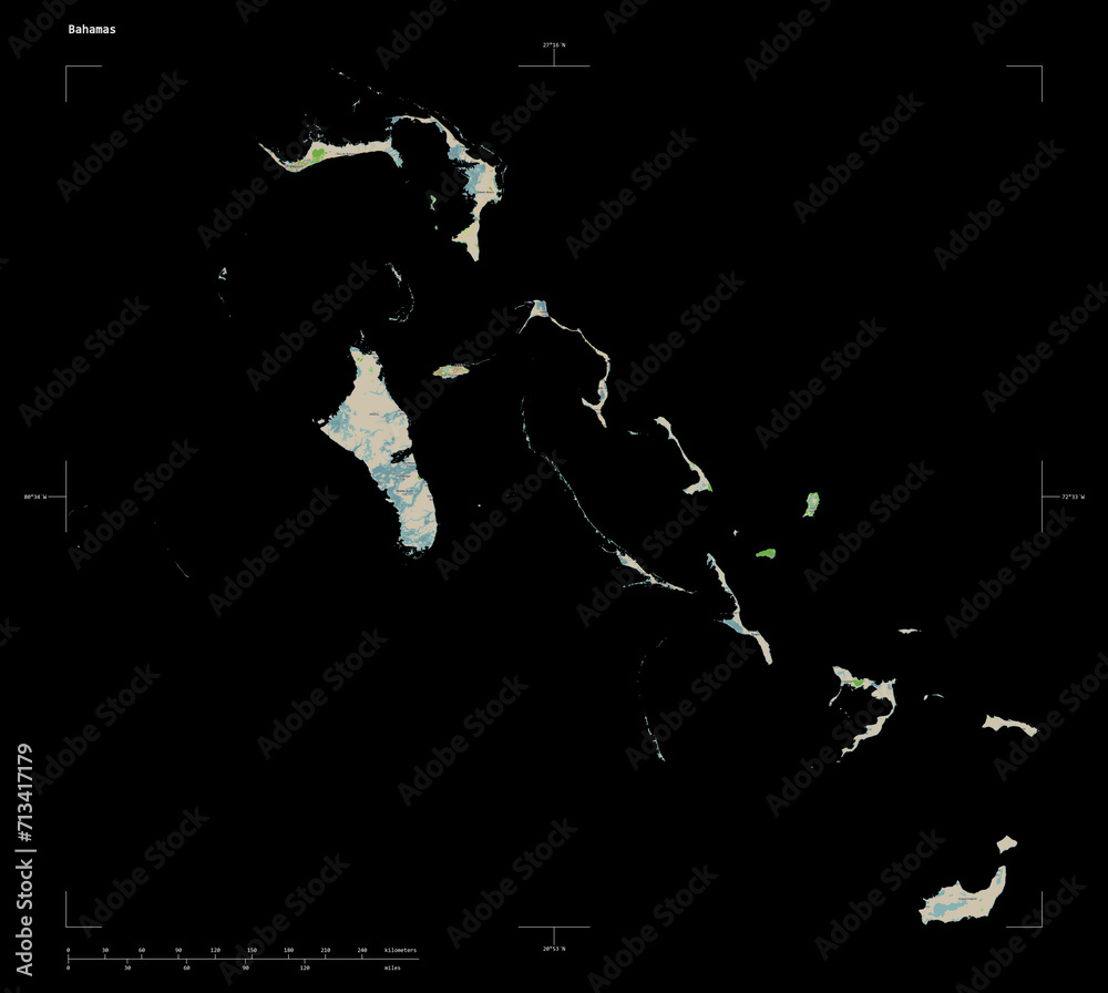 Obraz premium Bahamas shape isolated on black. OSM Topographic French style map