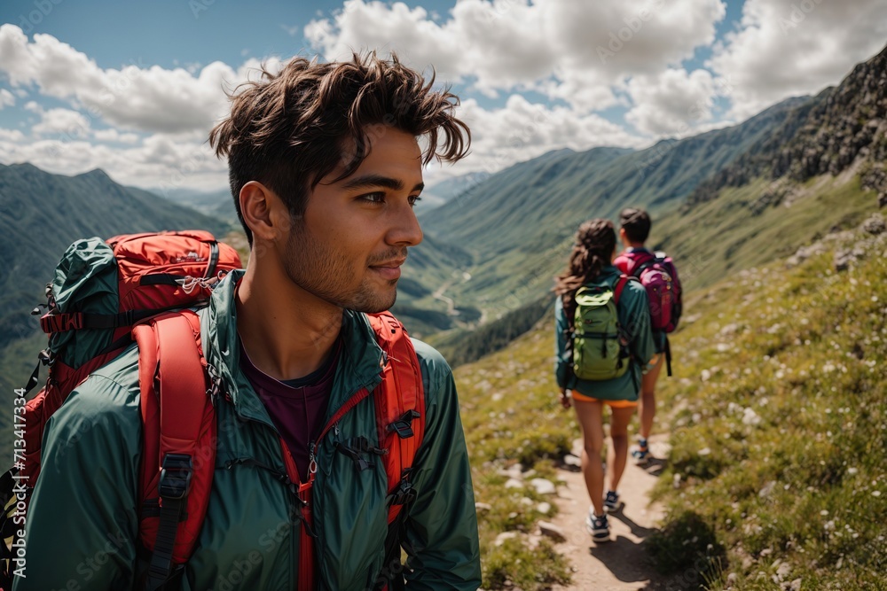 A youthful couple of vacationers with backpacks is hiking in the Alps.