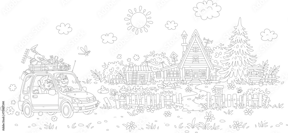 Happy grandpa and grandma in their small car driving up to a little house with a vegetable garden, a bathhouse, a draw-well and an wooden fence on a sunny day in countryside, vector cartoon