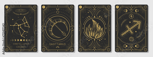 Set of Modern magic witchcraft cards with astrology Sagittarius zodiac sign characteristic. Vector illustration