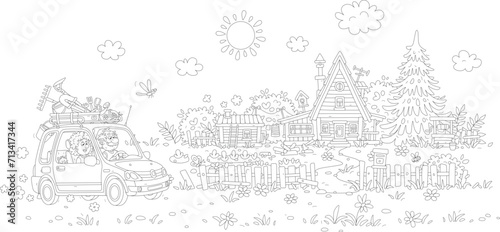 Happy grandpa and grandma in their small car driving up to a little house with a vegetable garden, a bathhouse, a draw-well and an wooden fence on a sunny day in countryside, vector cartoon