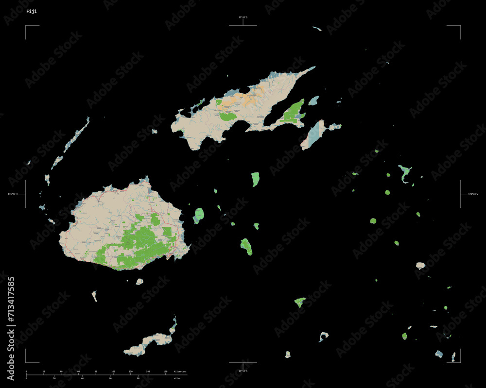 Fiji shape isolated on black. OSM Topographic French style map