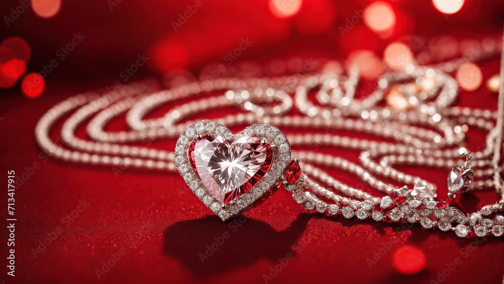 A gorgeous, luxurious heart necklace with glittering diamonds, set against a vivid red backdrop that radiates elegance and passion A gorgeous, luxurious heart necklace with glittering diamonds, set against a vivid red backdrop that radiates elegance and passion