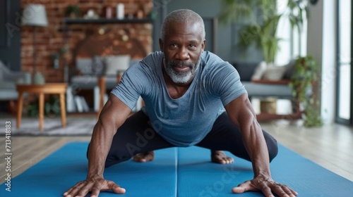 elderly man of African American appearance doing yoga while lying on an exercise mat in his room. Trend of senior fitness active aging