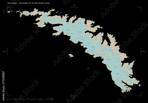 South Georgia - South Georgia and the South Sandwich Islands shape isolated on black. OSM Topographic French style map photo