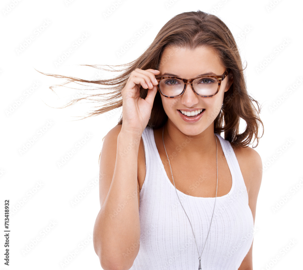 Woman, portrait and designer frames in studio, eyecare and stylish eyewear on white background. Happy female person, ophthalmology and insurance for eyesight, confident and glasses for vision support Woman, portrait and designer frames in studio, eyecare and stylish eyewear on white background. Happy female person, ophthalmology and insurance for eyesight, confident and glasses for vision support