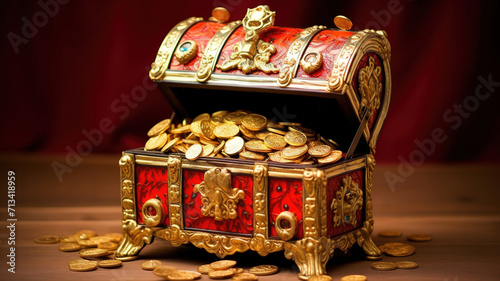 Amazing gold treasure in decorated red chest photo