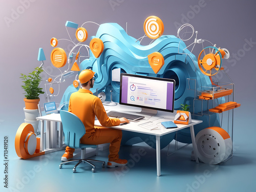 3d Project management concept. Design and programming on the product, communication team, and CMS development. Web development and coding. 3d render illustration design photo
