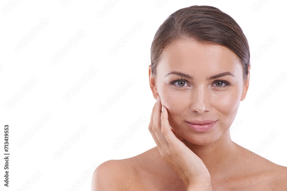 Studio, model and touch face in portrait for skincare, treatment and natural glow for beauty care. Young woman, confident and happy in mockup for collagen, retinol and wellness by white background Studio, model and touch face in portrait for skincare, treatment and natural glow for beauty care. Young woman, confident and happy in mockup for collagen, retinol and wellness by white background