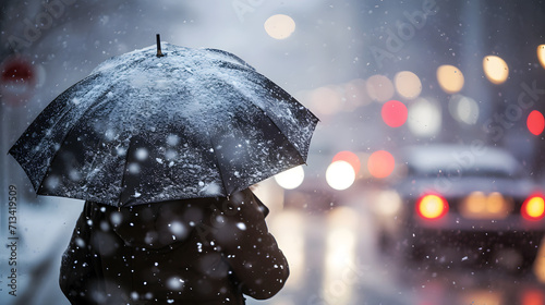 Winter solitude: lone figure with umbrella in snowy city evening