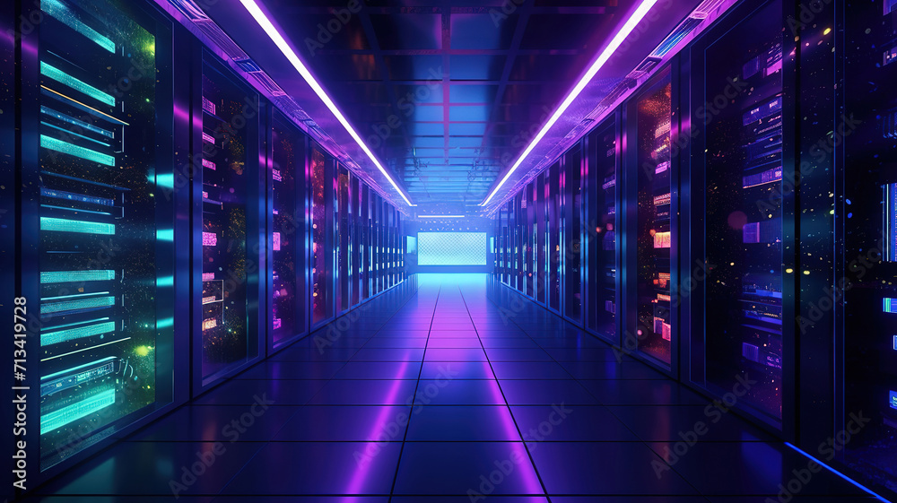 Cartoon corridor in a spaceship, datacenter with server racks