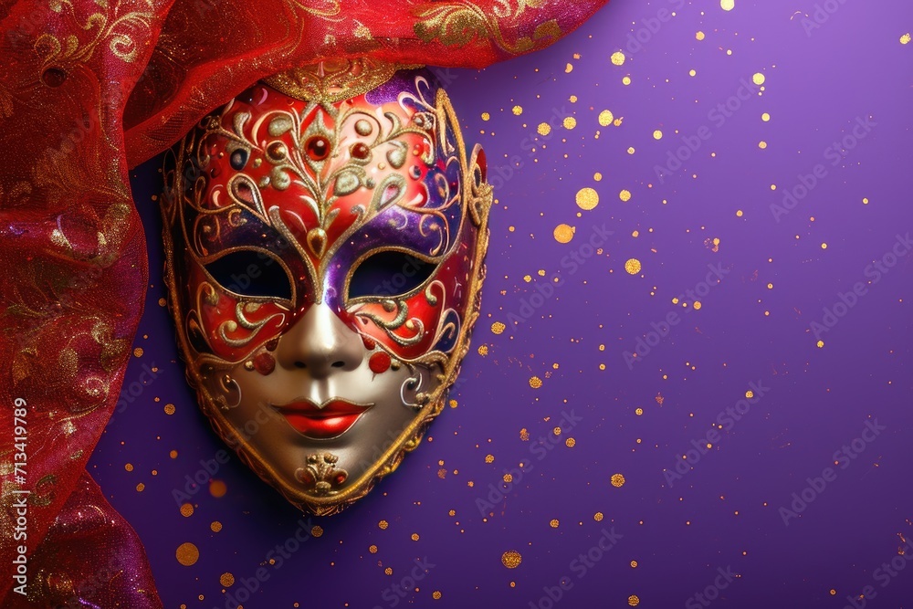 Venetian carnival mask with shiny golden streamers and glitter on dark purple background. Carnival party concept. Festive backdrop for design card, banner, flyer with copy space