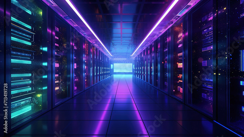 Cartoon corridor in a spaceship  datacenter with server racks