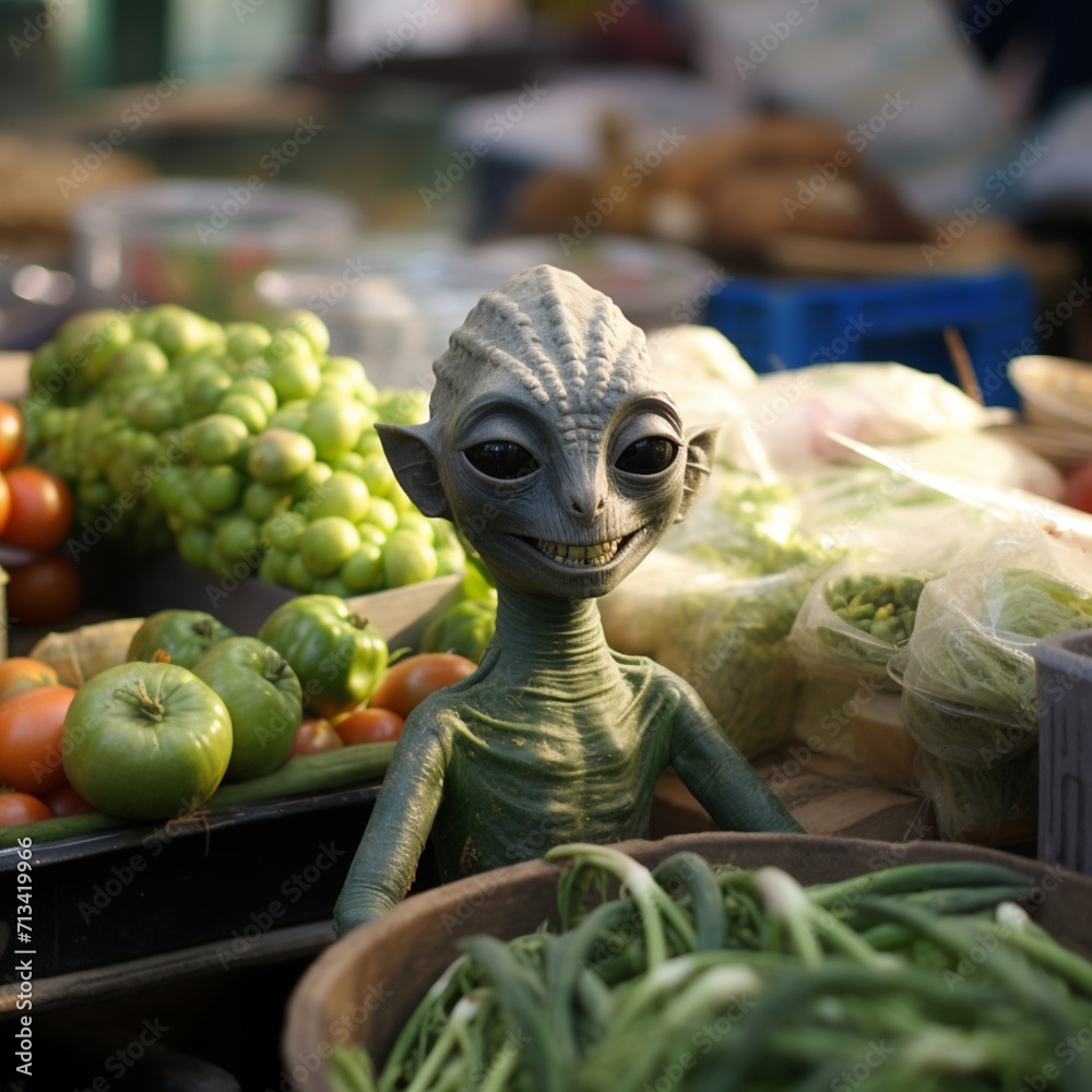Cute aliens in the Indian vegetable market beautiful image Ai generated art