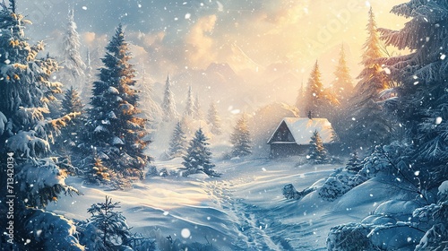 Drawing of a fabulous winter forest with a hut. A blizzard with snowflakes and sunlight in the clouds © Alexey