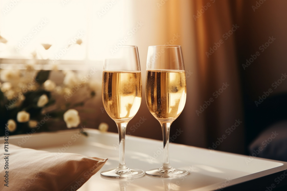 Toasting with Champagne in a Warm Hotel Room Ambiance Toasting with Champagne in a Warm Hotel Room Ambiance