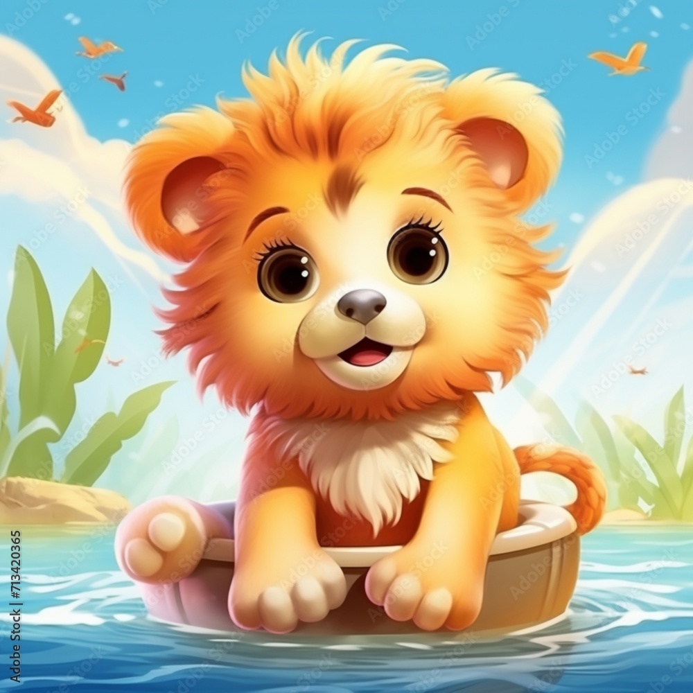 Cute and adorable cartoon fluffy lion roaring water Ai generated art