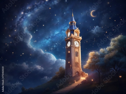 "Starry Night Sonata: Clock Tower Transformed into a Celestial Canvas with 3D Paint - A Whimsical Journey Through Time and Space."