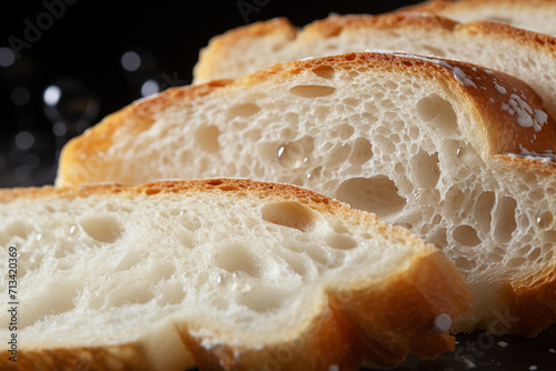 Fresh sliced bread with water drops on black background, closeup view