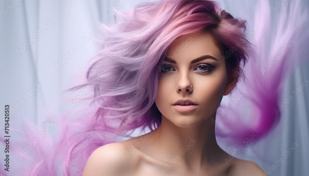 Fashion Portrait of Woman with Bright Pink Hair