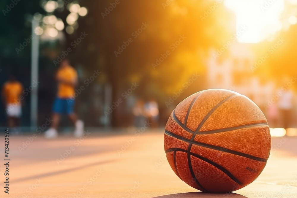 Basketball on an outdoor court with players in the background. Basketball on an outdoor court with players in the background.