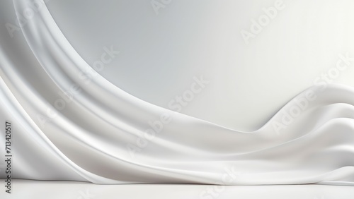 Pristine white stage with flowing silver silk drapes in backdrop, Premium showcase mockup template for Beauty, Cosmetic, Luxury products, with copy space for text photo