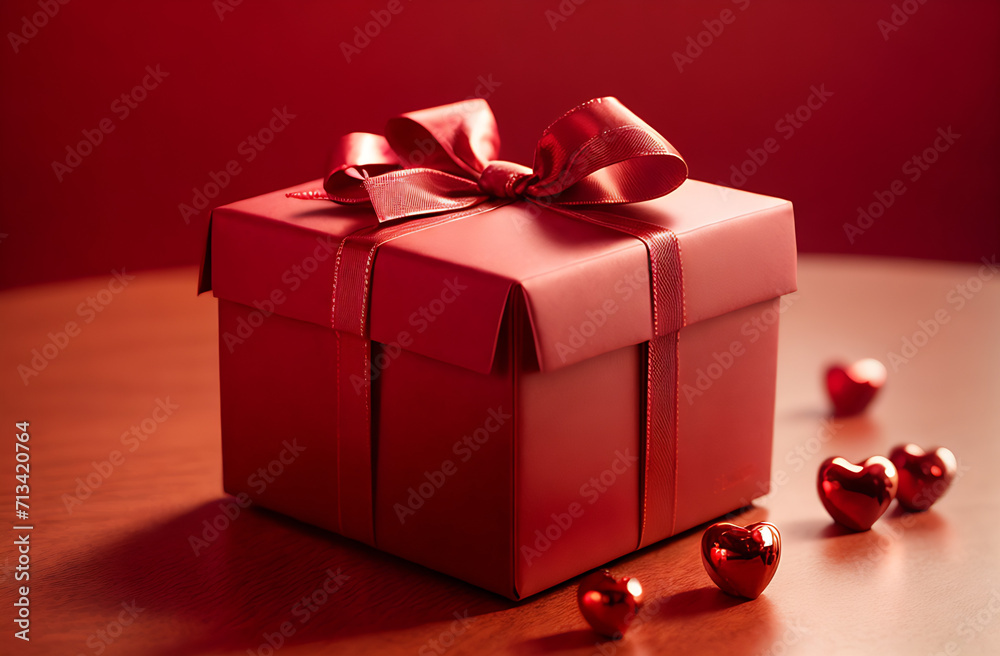 red gift box with red ribbon on the table with red hearts. gift for lovers. valentine's day red gift box with red ribbon on the table with red hearts. gift for lovers. valentine's day