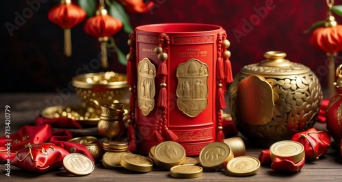 Chinese new year decorations made from red packet and gold ingots or golden lump. Chinese characters on the object means to fortune, good luck, wealth, and money flow photo