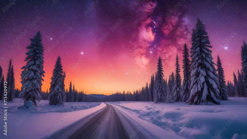 Fantastic winter landscape with snow covered trees and road at sunset