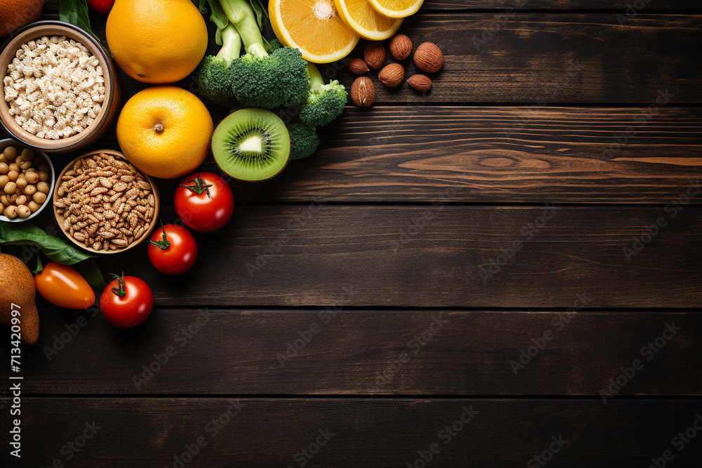 Fresh fruits in a box on wooden background. Top view with copy space Fresh fruits in a box on wooden background. Top view with copy space