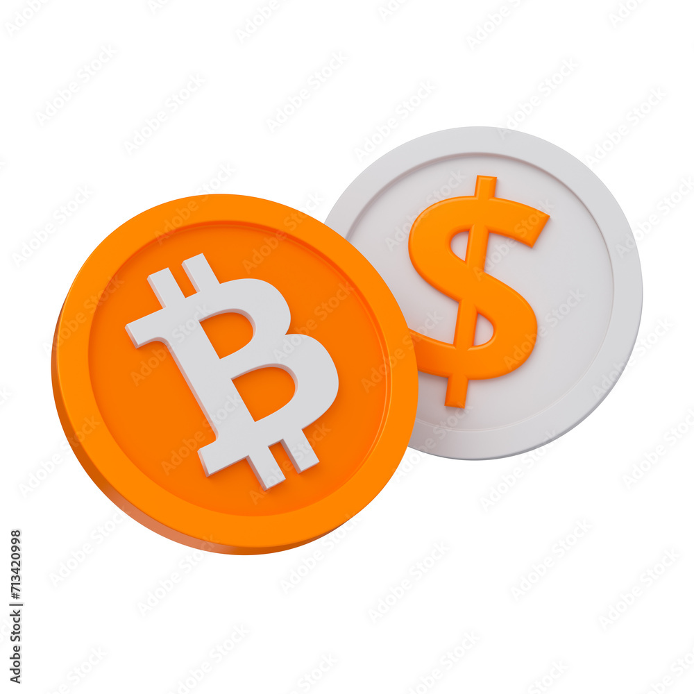 Bitcoin and dollar currency isolated. Cryptocurrency rate concept. 3d rendering. Bitcoin and dollar currency isolated. Cryptocurrency rate concept. 3d rendering.